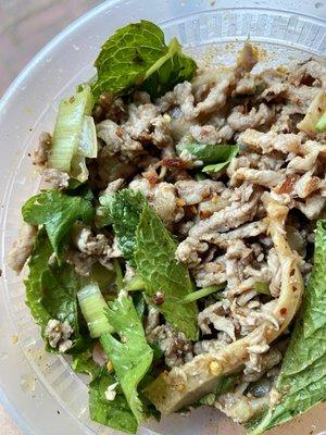 Larb - minced meat salad. Ground beef, herbs, chilies, and overall goodness! Good with sticky rice.