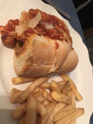 Eggplant parm sandwich with fries