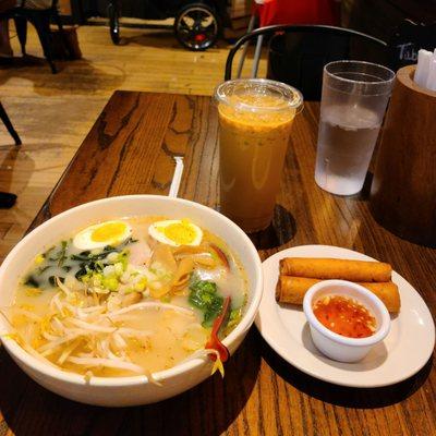 Black garlic ramen, viet iced coffee, pork and crab egg rolls