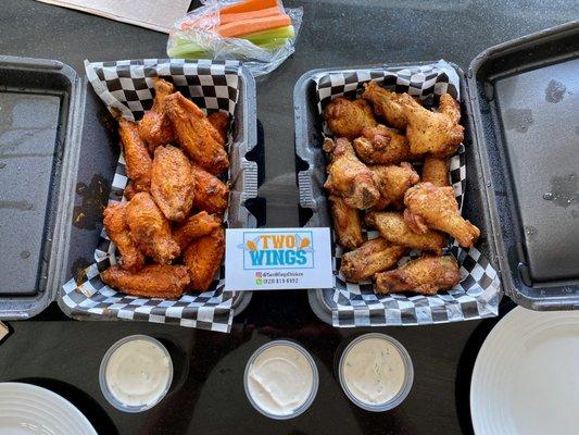 Zesty buffalo and lemon pepper wings, blue cheese and ranch on the side