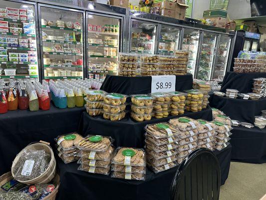 Dessert stack of fresh baked goods.