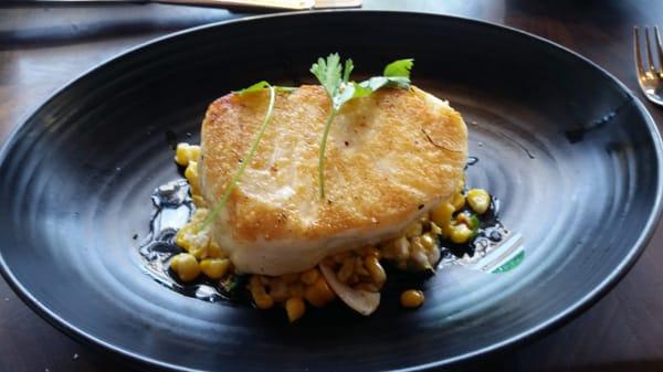 Pan seared halibut with great corn underneath