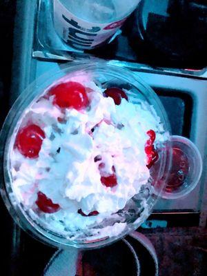 Ice cream with whipped cream and cherries