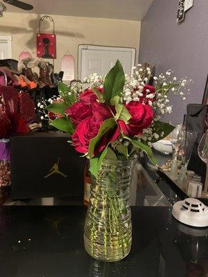 price gouged. He deserves a refund. Not cool. Short wilting roses. They didn't want to give him the vase for $140! These were not good!!!!