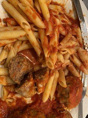 Meatball Parmesan with penne pasta