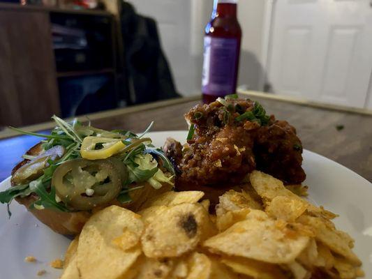 Kentucky Fried Hen of the Woods and Elderberry kombucha. (Chips were from home. The Whole Shabang.)