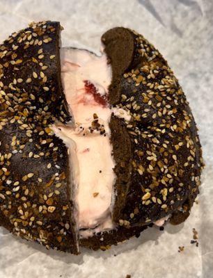 Pumpernickel Everything Bagel Sandwich with vegan strawberry cream cheese