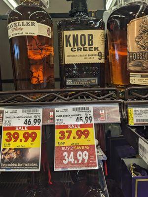 Knob Creek on the shelf, with advertised pricing and deals.