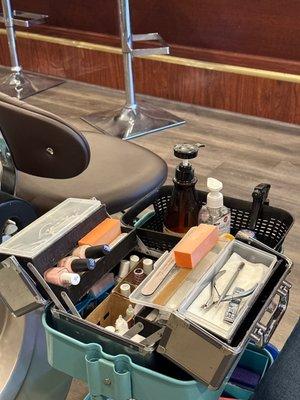 Pedicure cart- all the good stuff for a relaxing experience!