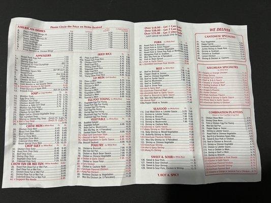 Menu with 2022 prices