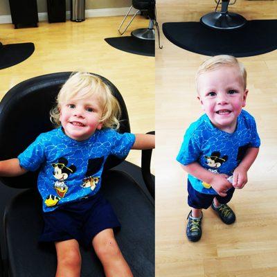 Little mans first haircut and we are all smiles!! Thanks Leslie!!!