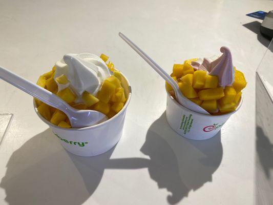 Medium Original with mango & Small original/pomegranate swirl with mango topping