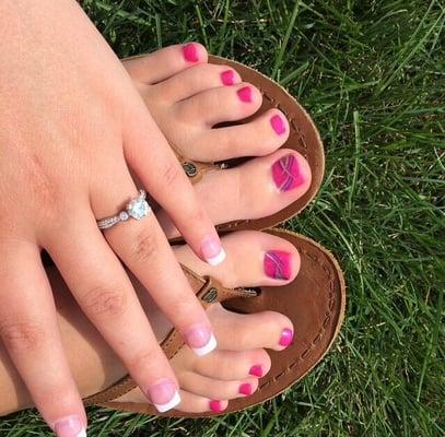 Pink and white set with gel overlay and gel pedicure with design. Nails by Kevin and pedicure by Cynthia