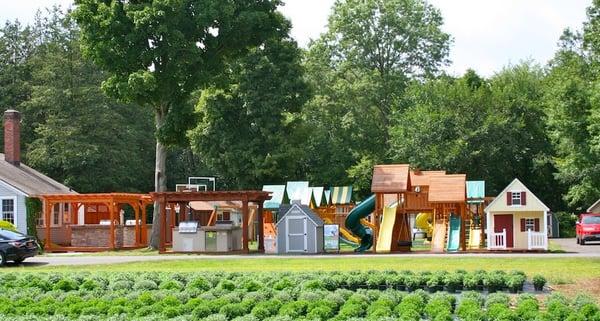 The Best in Backyards superstore in Cheshire, CT offers playsets, storage sheds, pergolas, pavilions, trampolines and more.