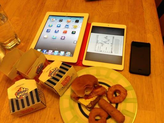 Checking out Dirk's new IPAD Mini while dining on deep fried White Castle goodness...