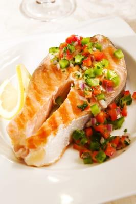 Grilled Salmon Steak with Lemon and Thyme Scented Salsa for our Valentine romantic dinner