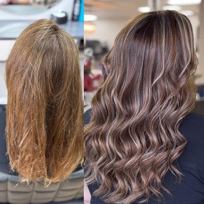 Hair transformation highlights with color and treat and trim