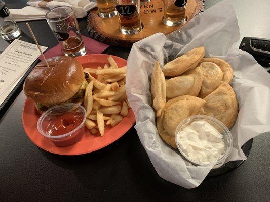 Heat seeker burger on the left and the pirogies on the right.