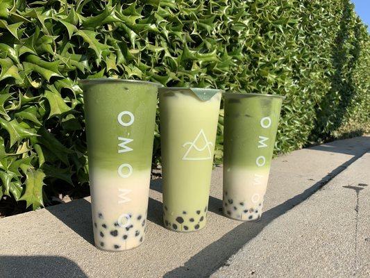 Left and Right: Matcha Cortado Middle: UJI Matcha Green Milk Tea