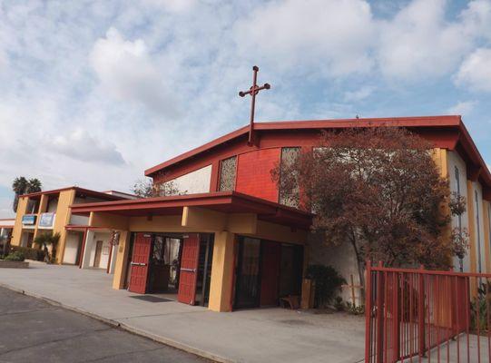 A street view of the front of the campus.