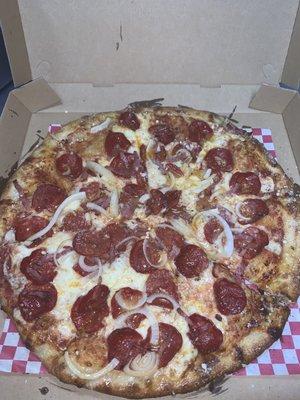 Pepperoni and onions pizza