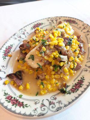 Halibut over sweet potato with succotash