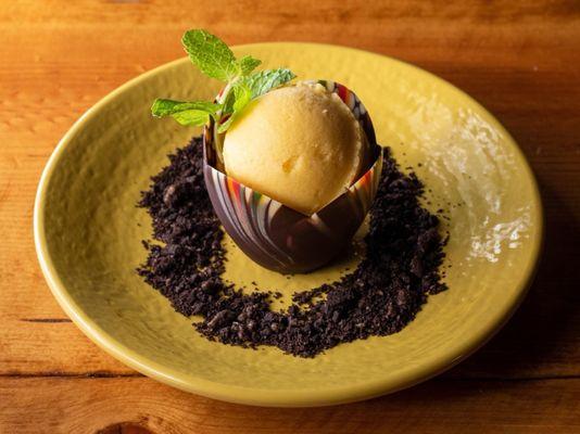 Sorbet - lemon in a chocolate shell with Oreo cookie crumble surrounding with a fresh mint leaf.