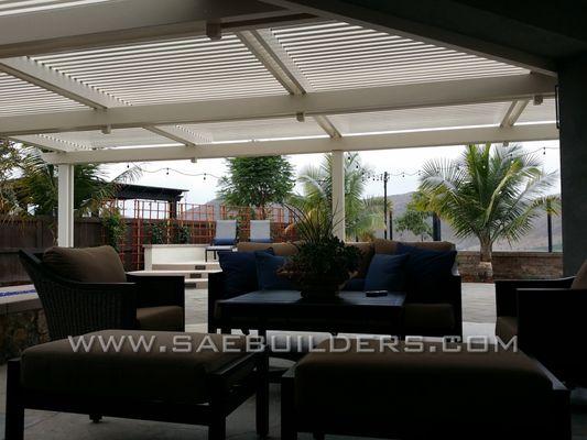 Custom Alumawood Lattice Patio Cover. Installed at 45 degrees to home. Located in Escondido, CA