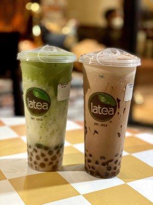 Matcha Latte w/ Longan Honey Boba (Large - $6.75)   Tiramisu Milk Tea w/ Brown Sugar Boba (Large - $6.75)