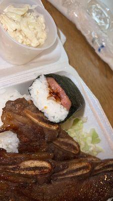 Beef short rib, rice, Mac salad and spam musubi.