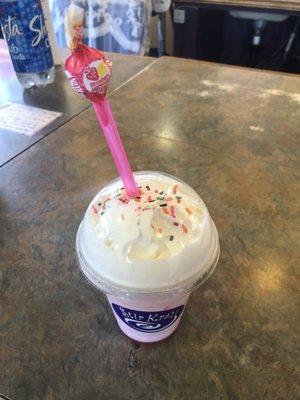 Watermelon sprinter with cream and whip. Sprinkles on top and a blow pop in the straw! Super cute