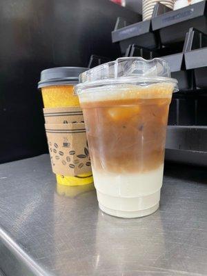 Iced latte and hot Fresh Brewed Coffee