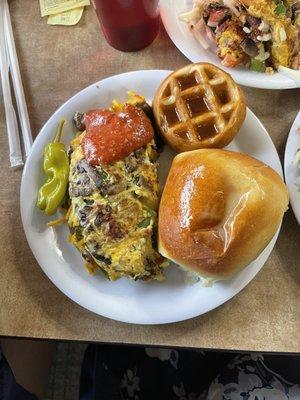 Omelet, waffle, and the buttered bread