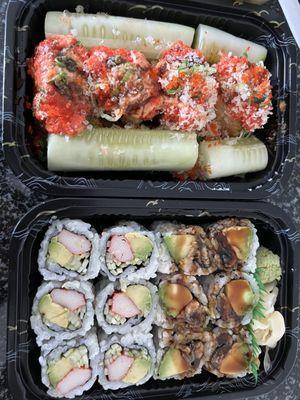 Spicy tuna crispy rice, cali roll, eel avocado roll