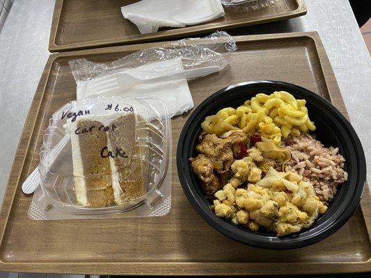 Teriyaki Soy Stir Fry Chicken, mac & cheese, rice and beans, and Curry Chick Peas, Vegan Cake with Icing