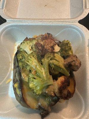 Shrimp and Steak Stuffed Potato w/ Broccoli