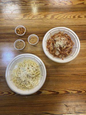 Bolognese and Cacio e Pepe (Garlic, Saffron, and Hazel toppings featured)