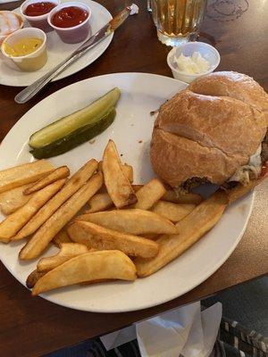 Cajun spiced burger and steak fries