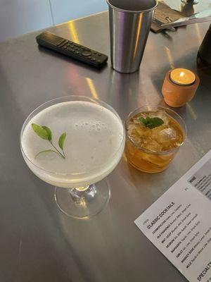 Non-alcoholic gimlet (left) and non-alcoholic mint julep (right)