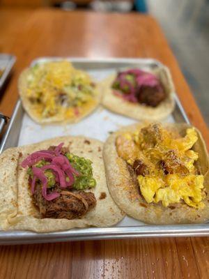 Brisket taco and egg with potato