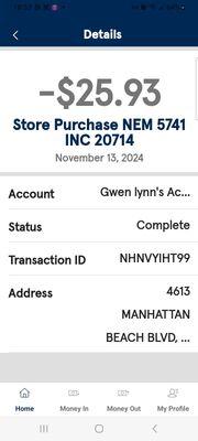 This address is non authorized money exchange. this address,  not subway, the fraud department saw my account had been compromised.