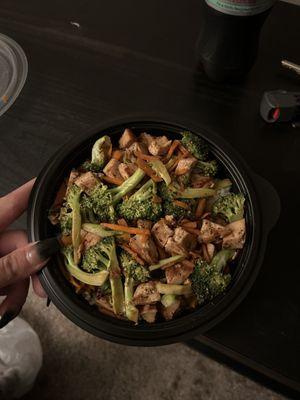 chicken bowl with white rice, terriyaki sauce, carrots and double broccoli