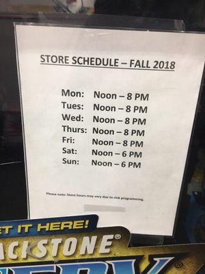 Pro Shop Fall 2018 Schedule