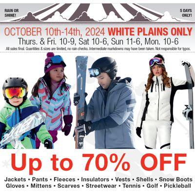 Annual SKI & SNOWBOARD TENT SALE! 
October 10th-14th, 2024 (WHITE PLAINS LOCATION ONLY)