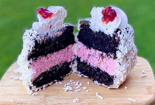 Personal size raspberry cream filled chocolate cake