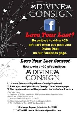 Each month we give a $20 gift card to a lucky shopper who posts on our Facebook page.