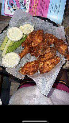 10 piece wings with bald eagle sauce . 2 ranch and bleu cheese on the side