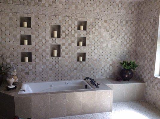 Zen spa retreat! Created with all natural stone materials. Come see our designers to get the look.