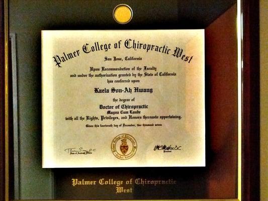 Graduate of Palmer College of Chiropractic West with a magna cum laude