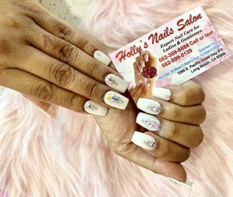 White dip powder with custom gems design by Holly.